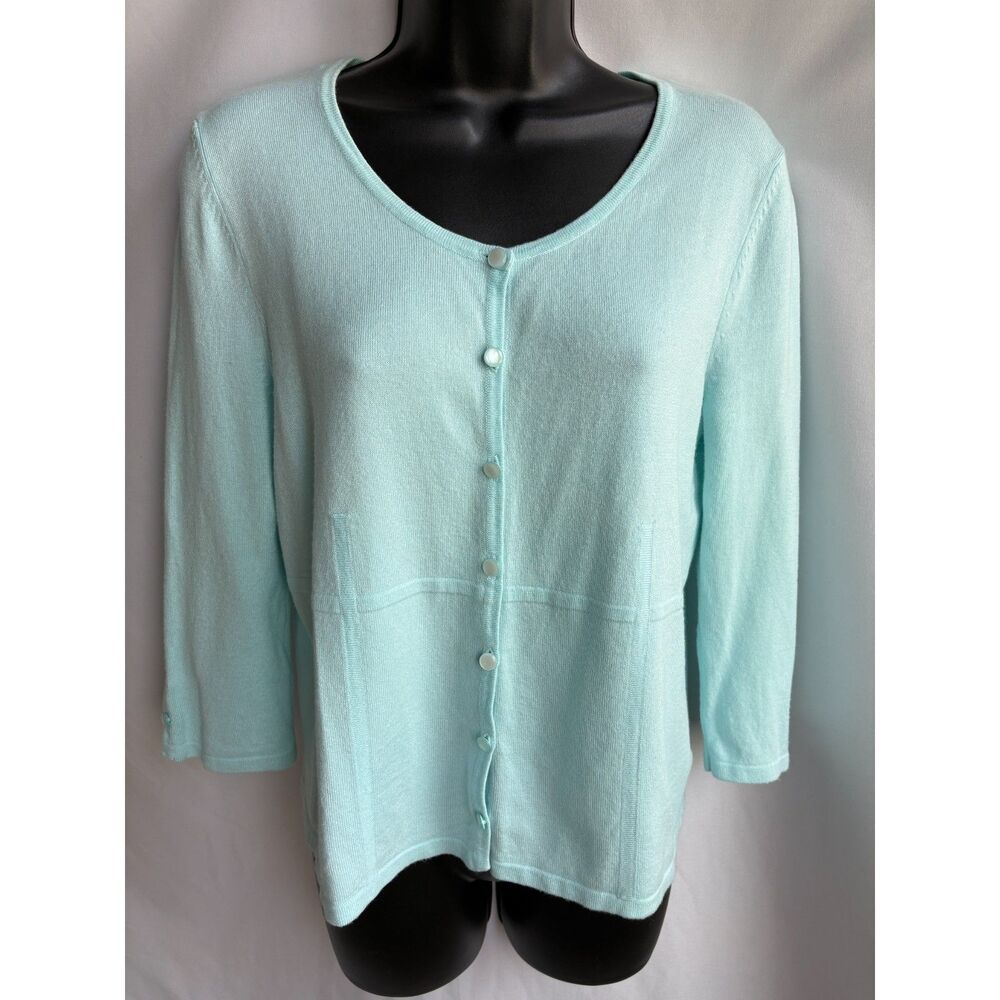 Teal Blue 3/4 Sleeve Knit Top Turquoise Size S Rayon Scoop Neck Modest Work Cute